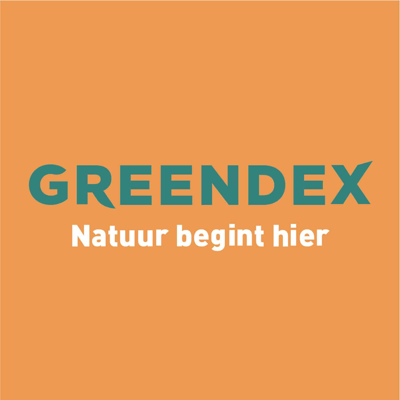 Greendex-logo in turquoise op een oranje achtergrond met de slogan Natuur begint hier