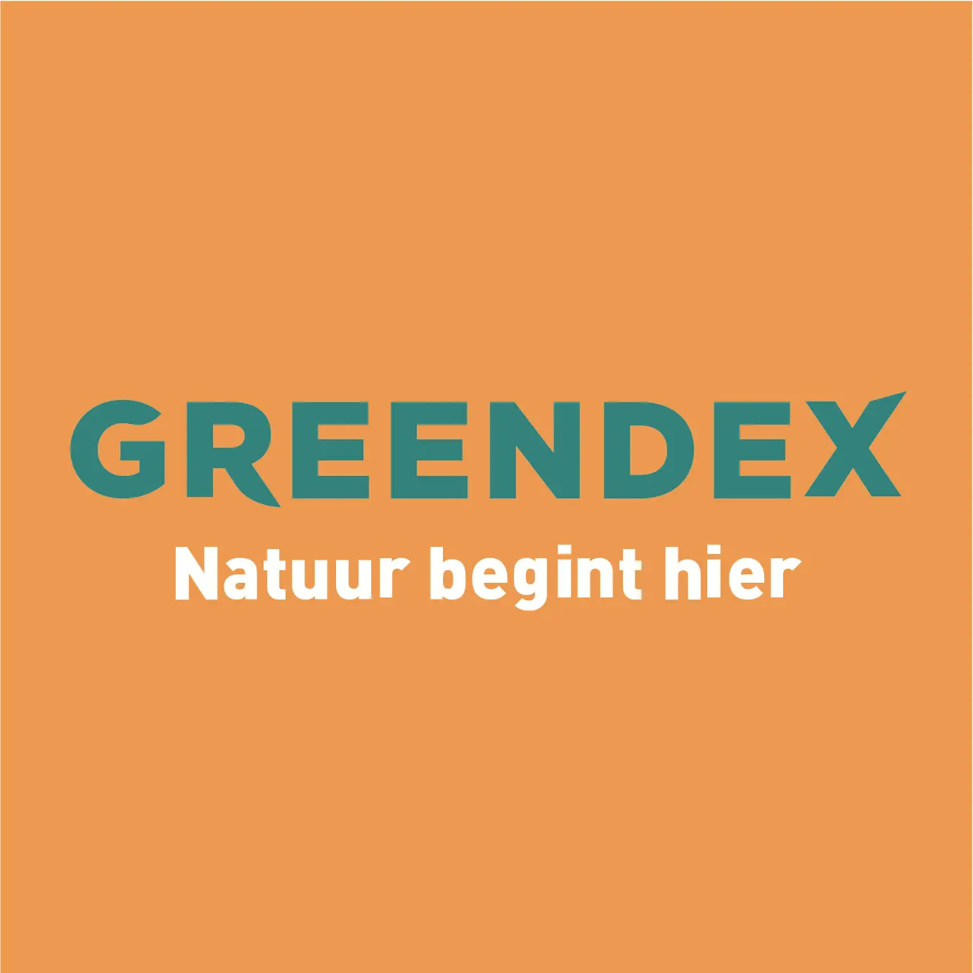 Greendex logo in teal on an orange background with the Dutch tagline Natuur begint hier