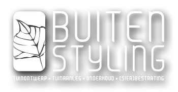 Buitenstyling logo with a leaf in a rounded frame and the tagline in Dutch about garden design