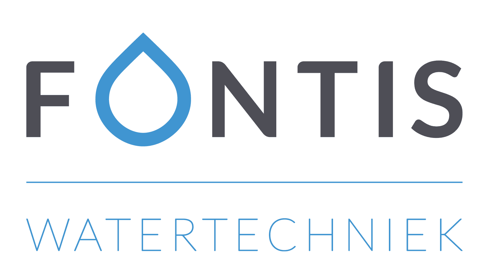Fontis Watertechniek logo met een blauwe waterdruppel als letter O