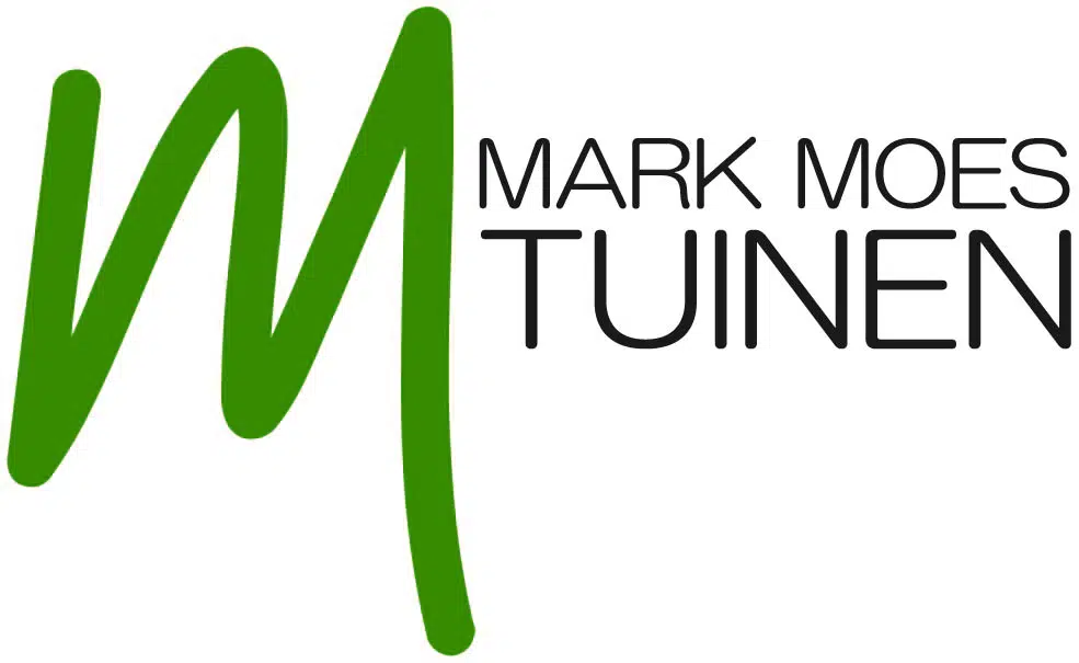 Mark Moes Tuinen logo with a green hand-drawn letter M beside black text