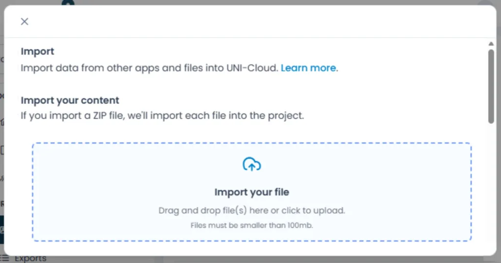 Adding a file to a UNI-Cloud project by dragging and dropping it