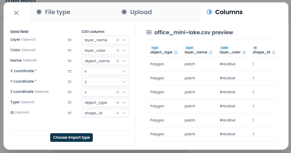 Paso de asignación de columnas en el UNI-Cloud Import Assistant, con el contenido real del archivo