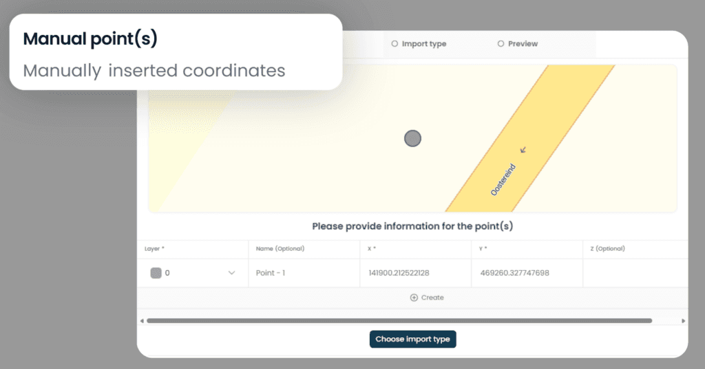 Introducción manual de puntos en el UNI-Cloud Import Assistant, con el punto en el mapa