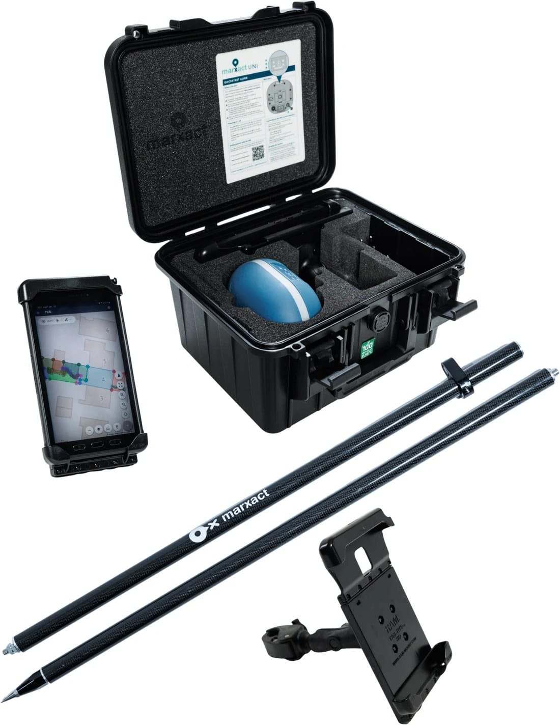 UNI-Collect Survey Package: case with UNI-GR2 receiver, carbon survey pole, tablet holder and a rugged tablet showing a measured site