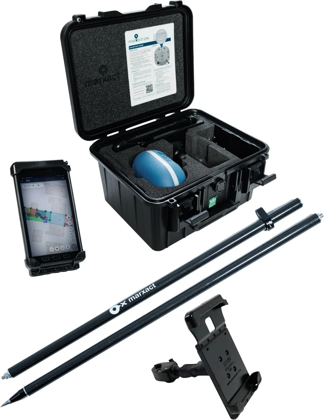 UNI-Collect Survey Package: case with UNI-GR2 receiver, carbon survey pole, tablet holder and a rugged tablet showing a measured site