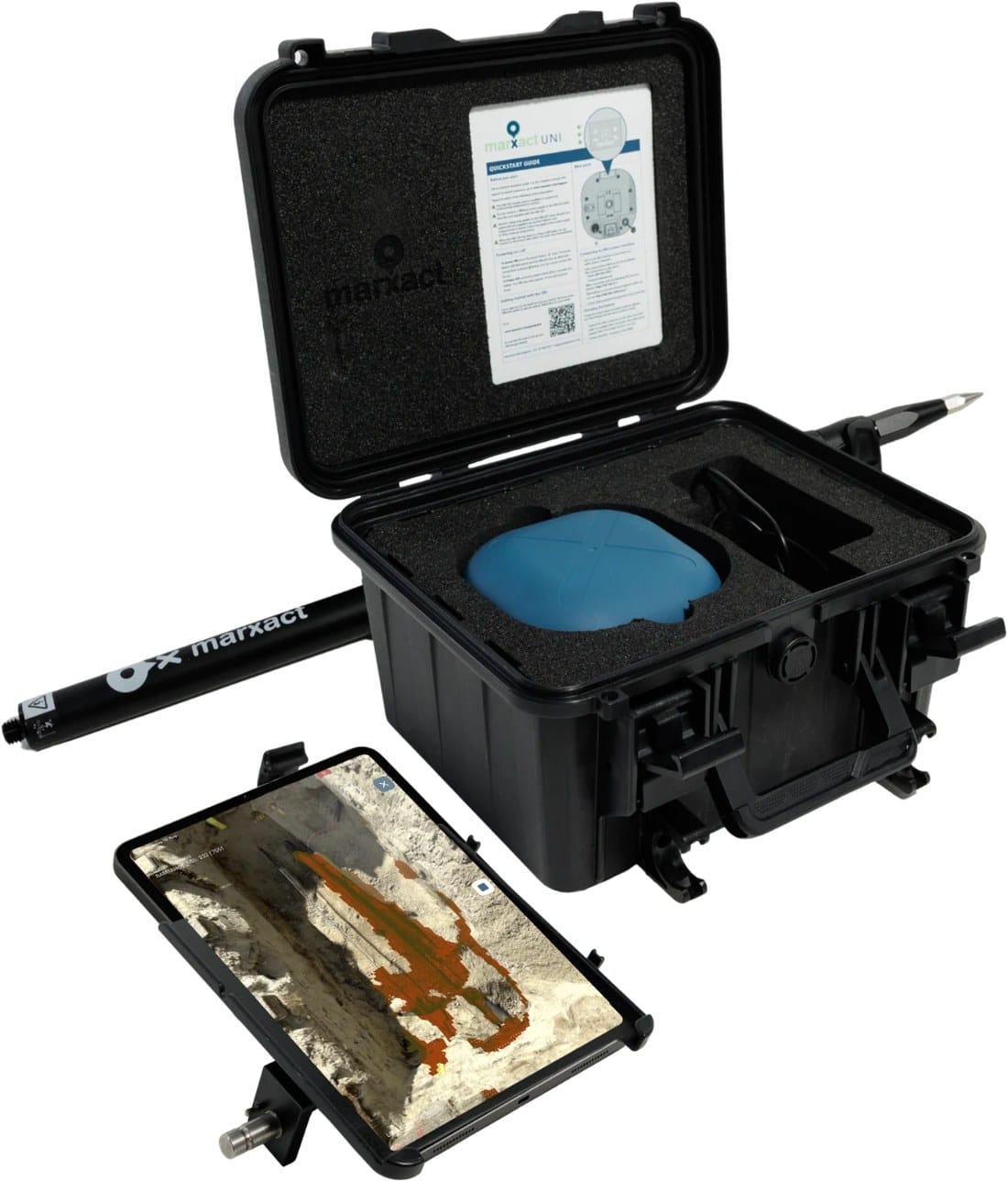 UNI-Collect 3D Package: case with UNI-GR2 receiver, survey pole and an iPad Pro showing a 3D scan of a trench