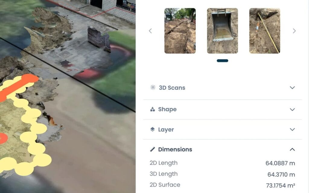 The object panel in UNI-Cloud showing site photos and the measured 2D and 3D length and surface of the excavated area