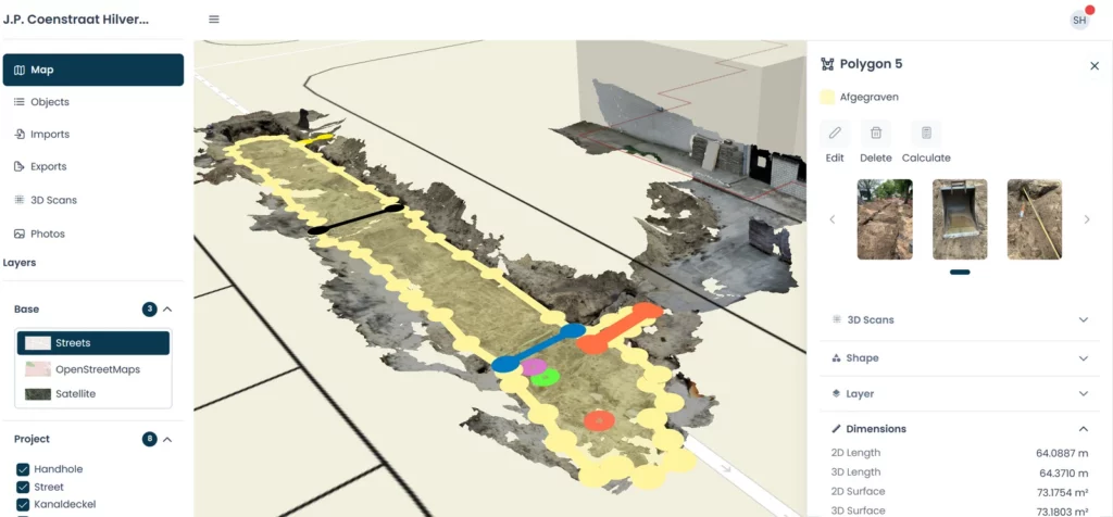 Un proyecto de UNI-Cloud en el navegador con mapas base, capas del proyecto, un escaneo 3D en el mapa y el panel de objeto con fotos y dimensiones
