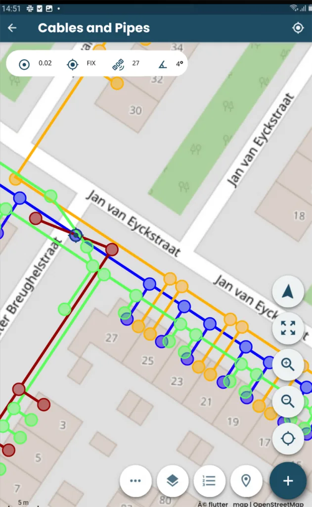 UNI-Collect on a tablet showing a cables and pipes survey with a fixed RTK position and 27 satellites